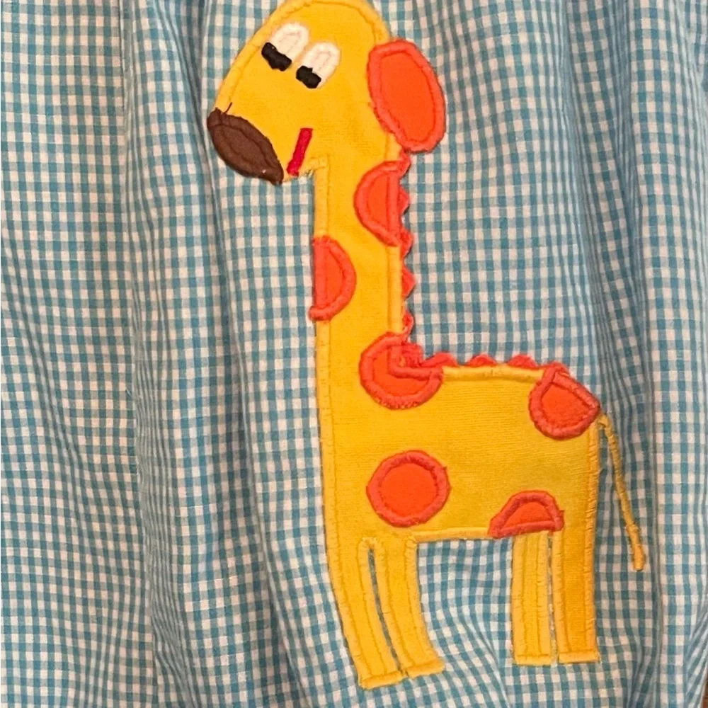 Blue Gingham Baby Romper with Appliquéd Giraffe